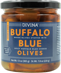 Jar of Divina Buffalo Blue Olives with blue label and black lid.