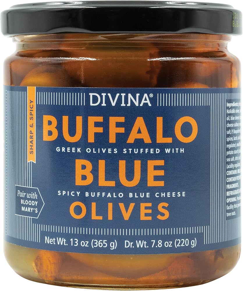 Jar of Divina Buffalo Blue Olives with blue label and black lid.