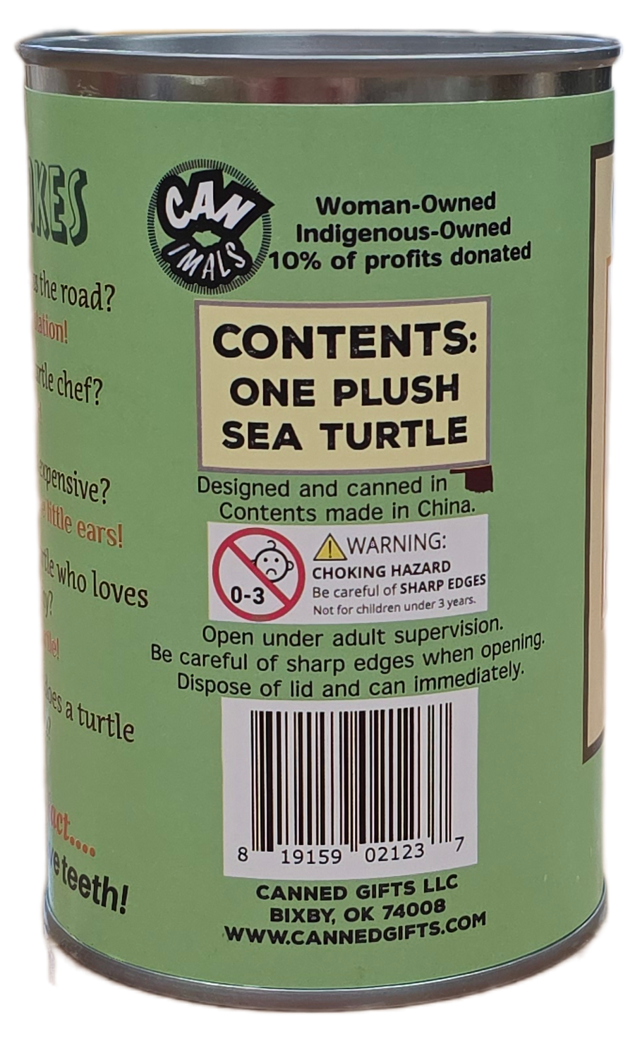 Canned Gifts - Canned Sea Turtle Stuffed Animal Plush w/Jokes | Unique Gift: Pop Top Lid