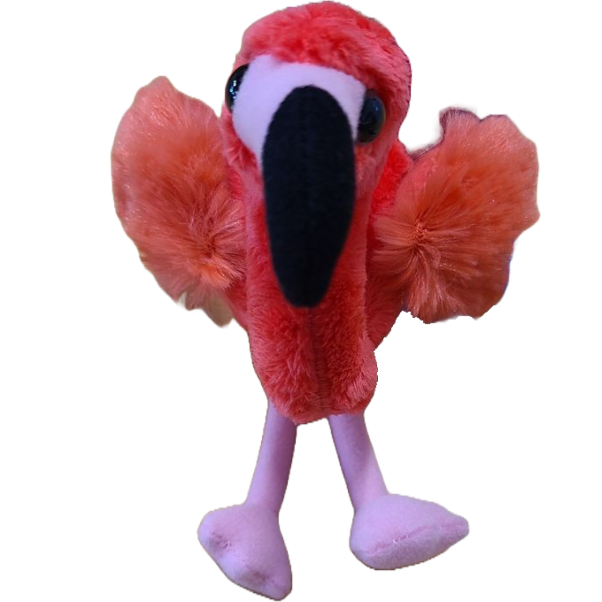 Plush flamingo toy on a white background