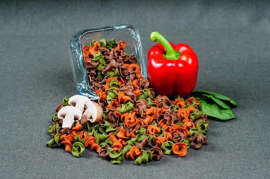 Colorful pasta with a red pepper and mushrooms on a gray background