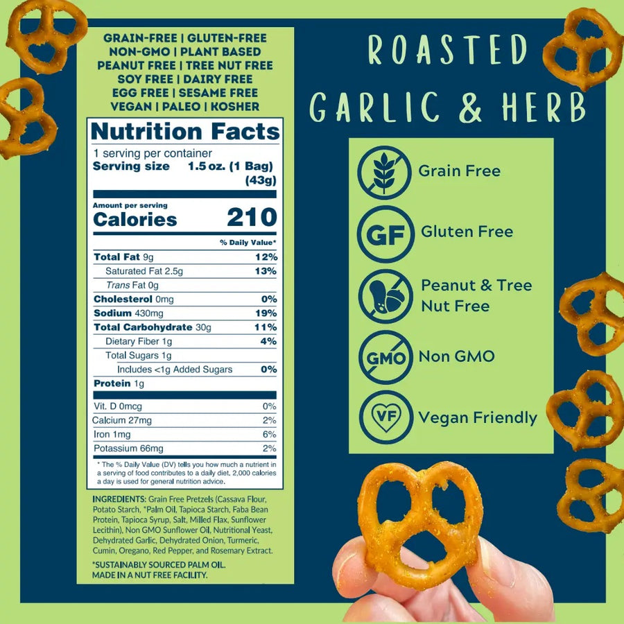 Grain Free Pretzels  - Roasted Garlic & Herb - Mini Bag 1.5 oz