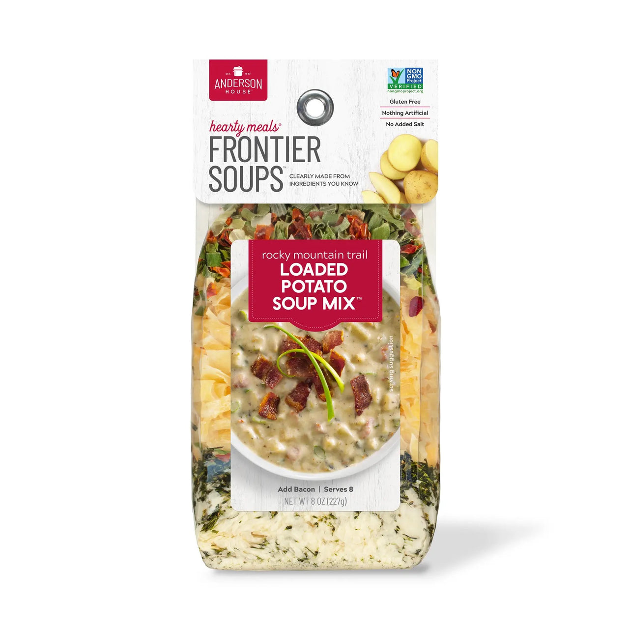 Package of Frontier Soups Rocky Mountain Trail Loaded Potato Soup Mix on a white background