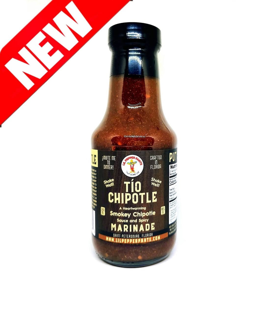 Bottle of Tio Chipotle Smokey Chipotle Marinade with a red 'NEW' label on a white background