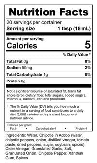 Nutrition facts label for a product with serving size, calories, and ingredient list.