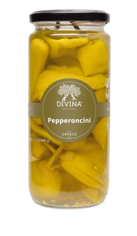 Jar of Divina Pepperoncini on a white background