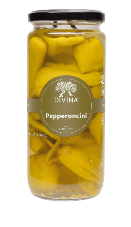 Jar of Divina Pepperoncini on a white background