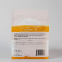 Packaging of Roasted Red Pepper & Thyme Dip with text and branding on a white background