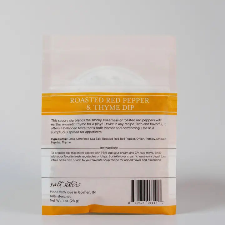 Packaging of Roasted Red Pepper & Thyme Dip with text and branding on a white background