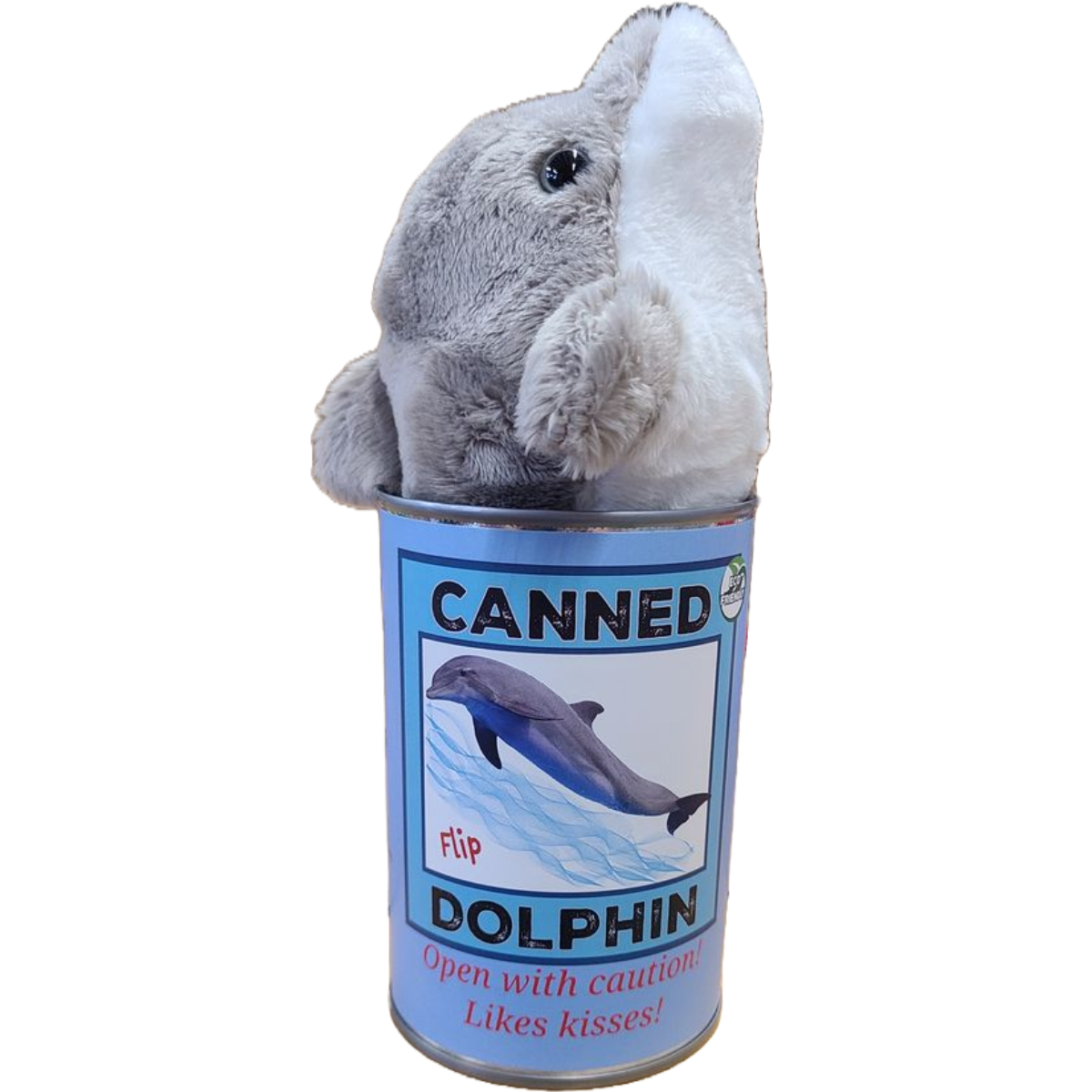 Canned Gifts - Flip the Canned Dolphin | Stuffed Animal Plush w/Jokes |Gift: Pop Top Lid