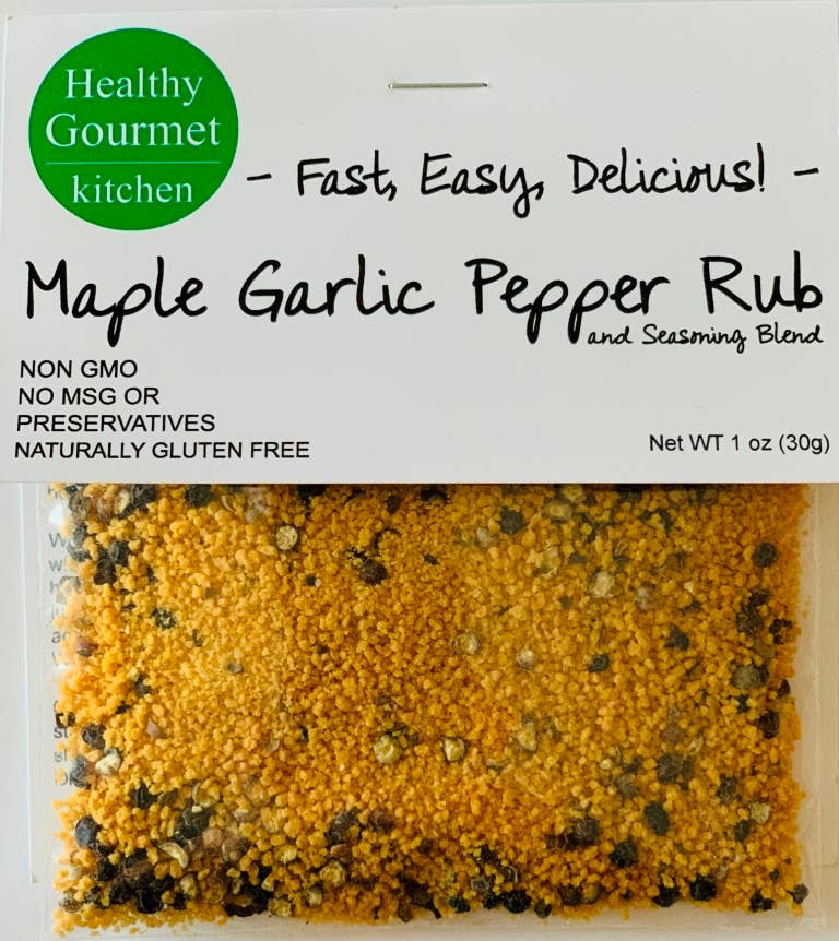 Maple Garlic Pepper Rub packaging with visible seasoning blend on a white background