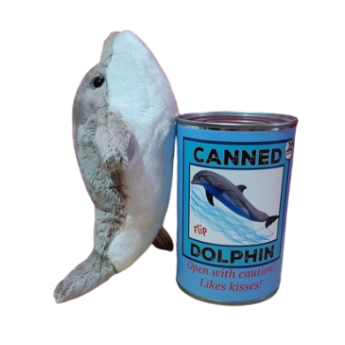 Canned Gifts - Flip the Canned Dolphin | Stuffed Animal Plush w/Jokes |Gift: Pop Top Lid