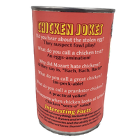Can of chicken jokes with humorous text on a red background