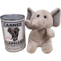 Plush elephant toy next to a can labeled 'Canned Elephant' on a white background