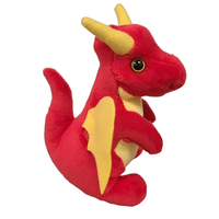 Red plush dragon toy with yellow accents on a white background