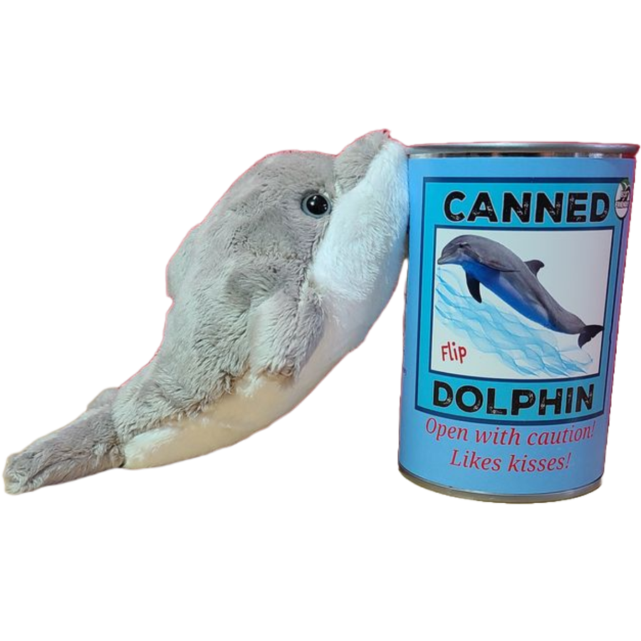 Canned Gifts - Flip the Canned Dolphin | Stuffed Animal Plush w/Jokes |Gift: Pop Top Lid