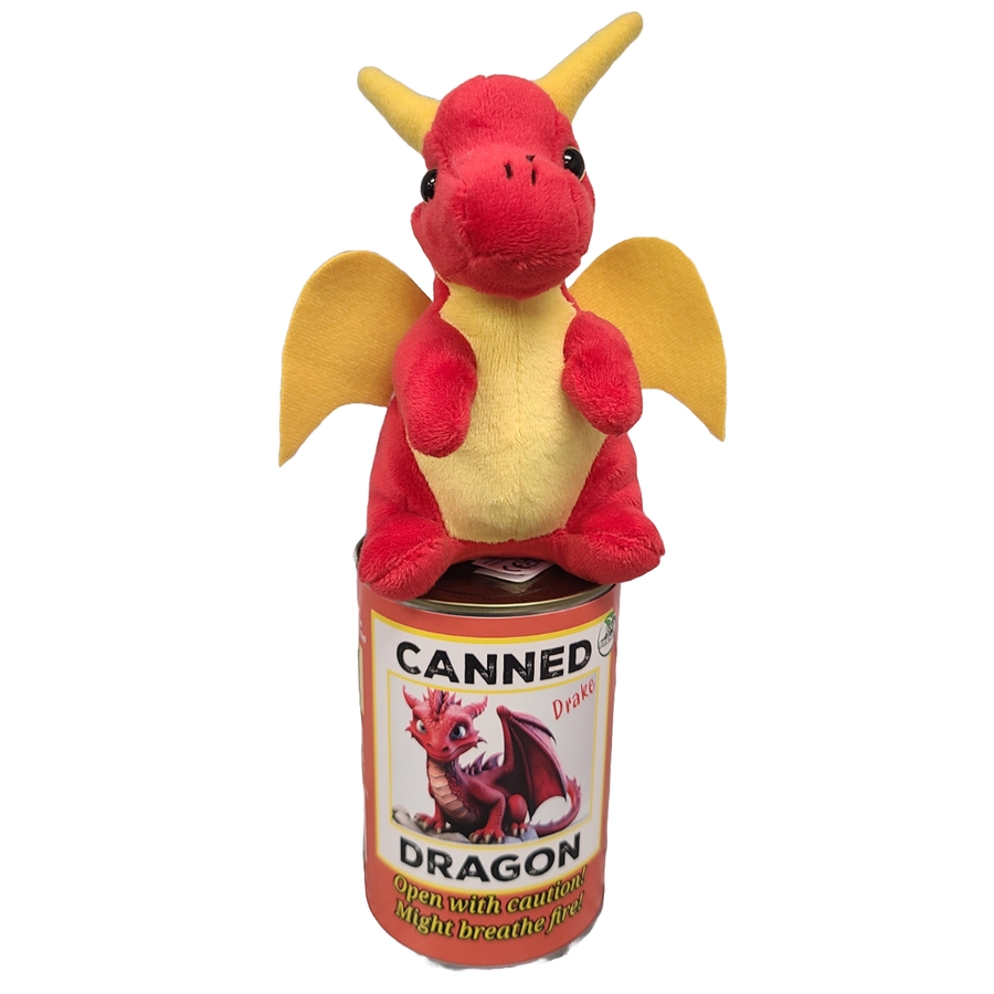 Plush dragon toy inside a can labeled 'Canned Dragon' on a white background