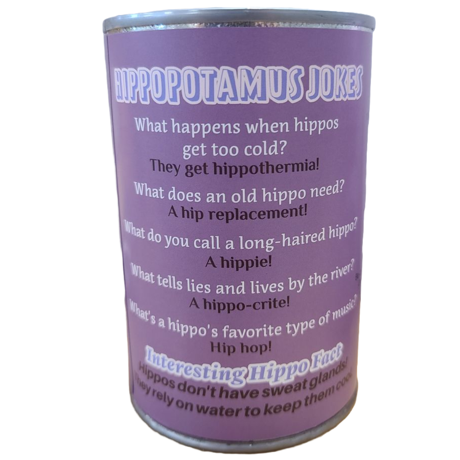 Purple can with humorous text about hippos on a white background