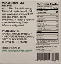 Back of a product label with recipe, nutrition facts, ingredients, and contact information.