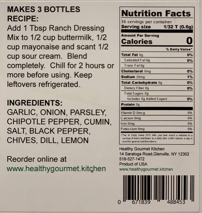 Back of a product label with recipe, nutrition facts, ingredients, and contact information.
