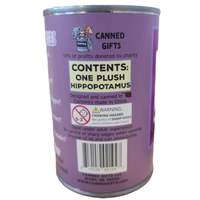 Purple can labeled 'Canned Gifts' with plush hippopotamus contents and charitable information.