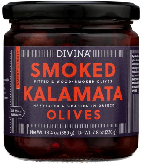 Jar of Divina Smoked Kalamata Olives with a purple label