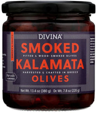 Jar of Divina Smoked Kalamata Olives with a purple label